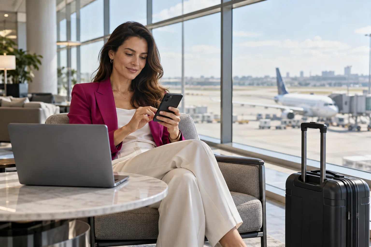 Profissional consultando o celular em um lounge de aeroporto