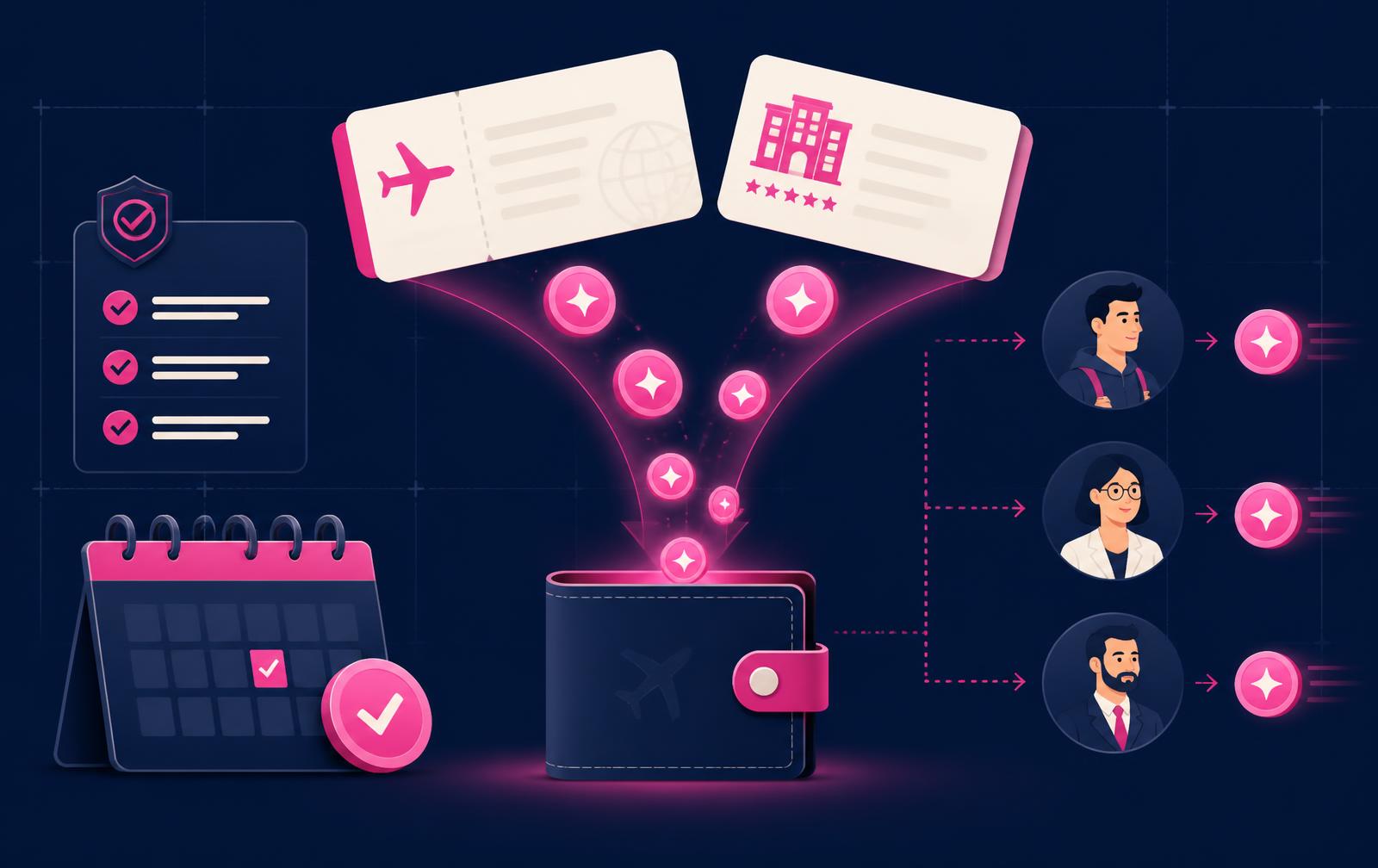 Illustration of Loupit corporate travel cashback: flight and hotel generating credits that flow into a wallet and to traveler, approver and manager