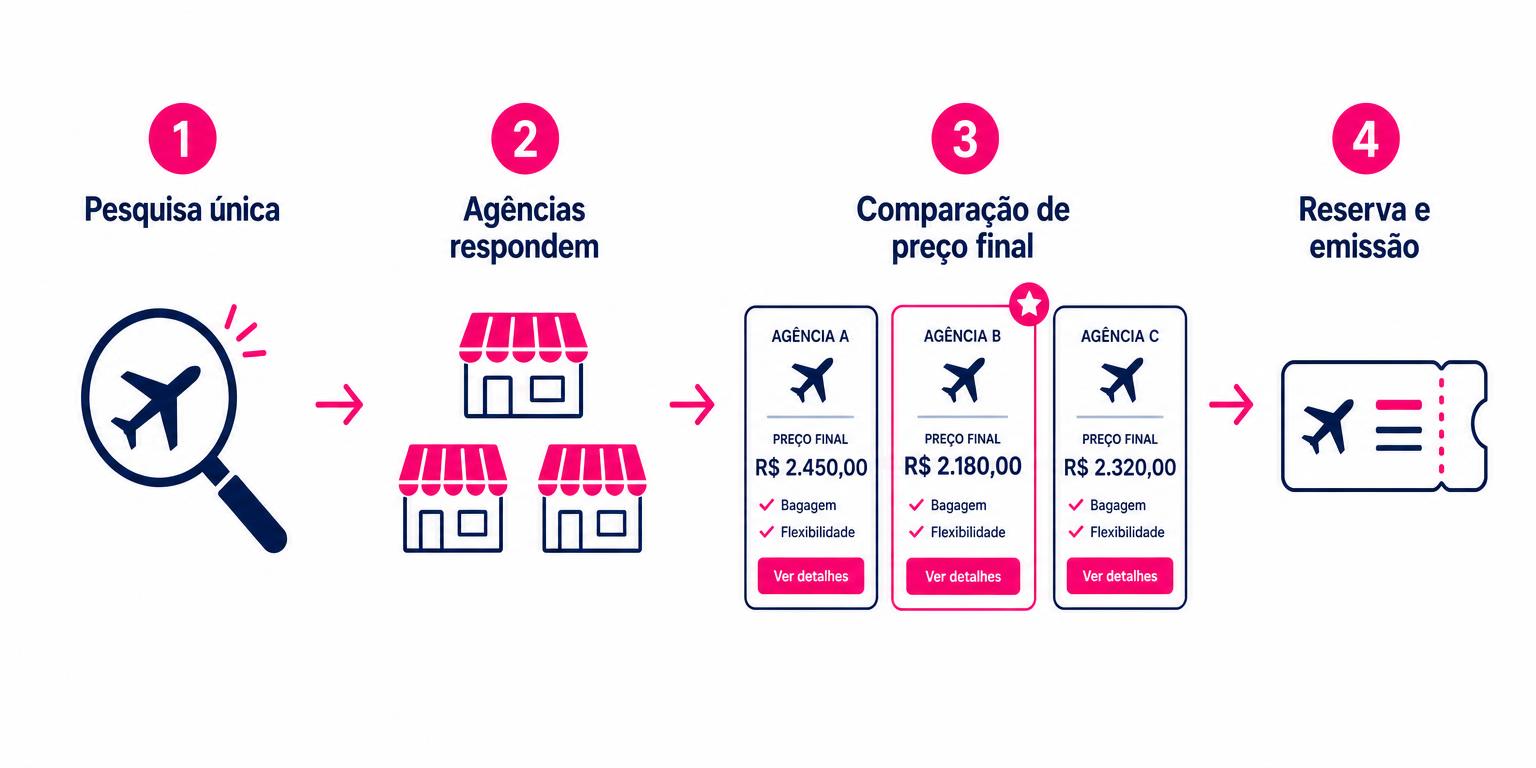 Como funciona o marketplace de viagens corporativas em quatro passos: pesquisa única, agências respondem, comparação de preço final, reserva e emissão